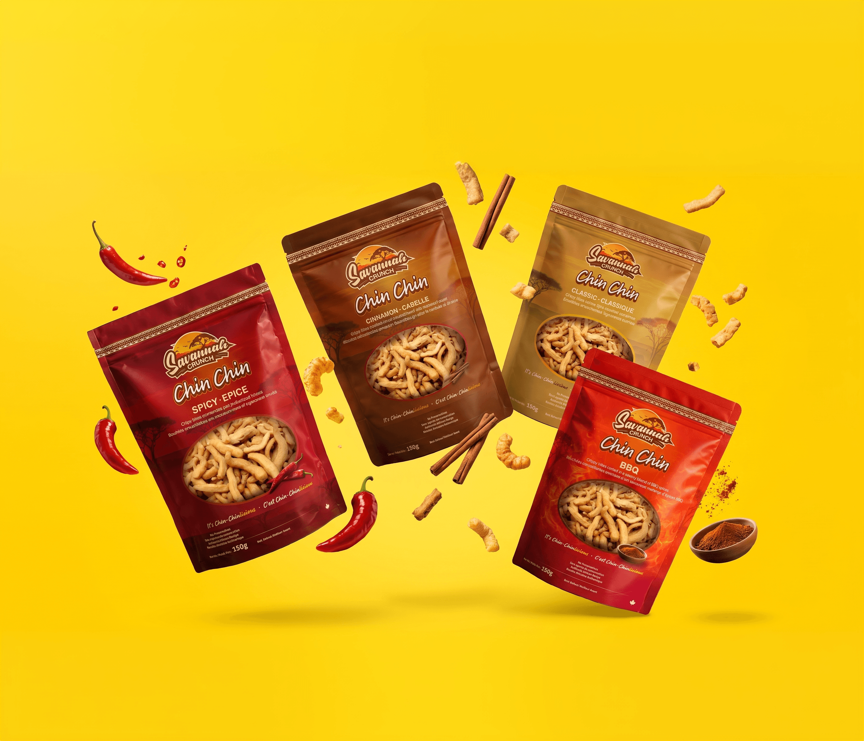 Savannah Crunch Chin Chin bags in Spicy, Cinnamon & Sugar, Original, and BBQ flavours